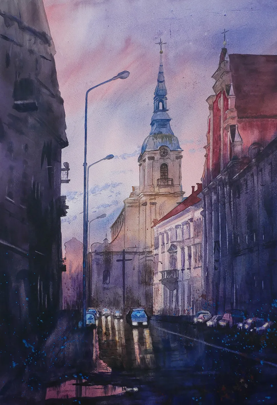 Akwarele_Miasto wieczorową porą