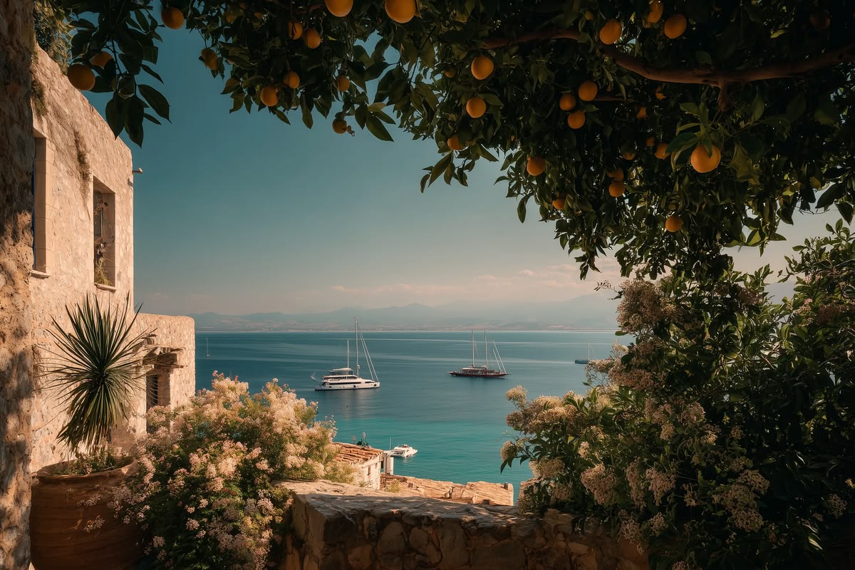 Sicilian coastline framed by orange trees